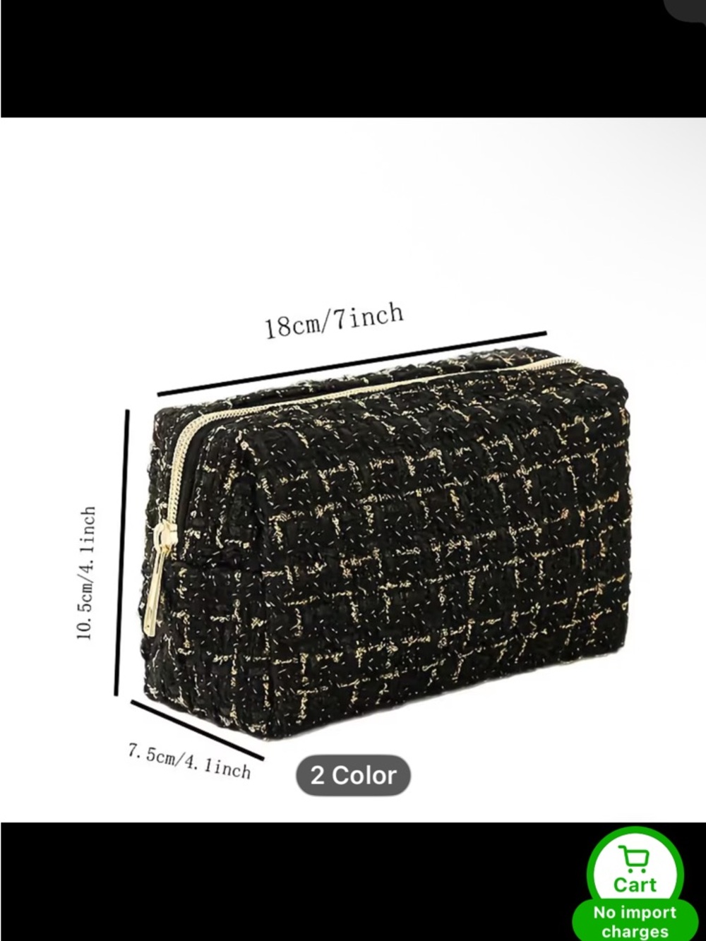 Black Tweed Cosmetic Bag Makeup Case - Picture 2 of 2